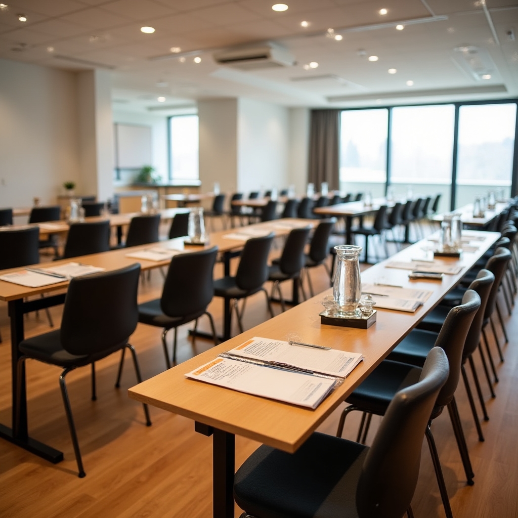 Interior do espaço de conferência com cadeiras organizadas